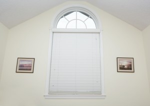 White faux wood custom blinds with an arch Millville DE